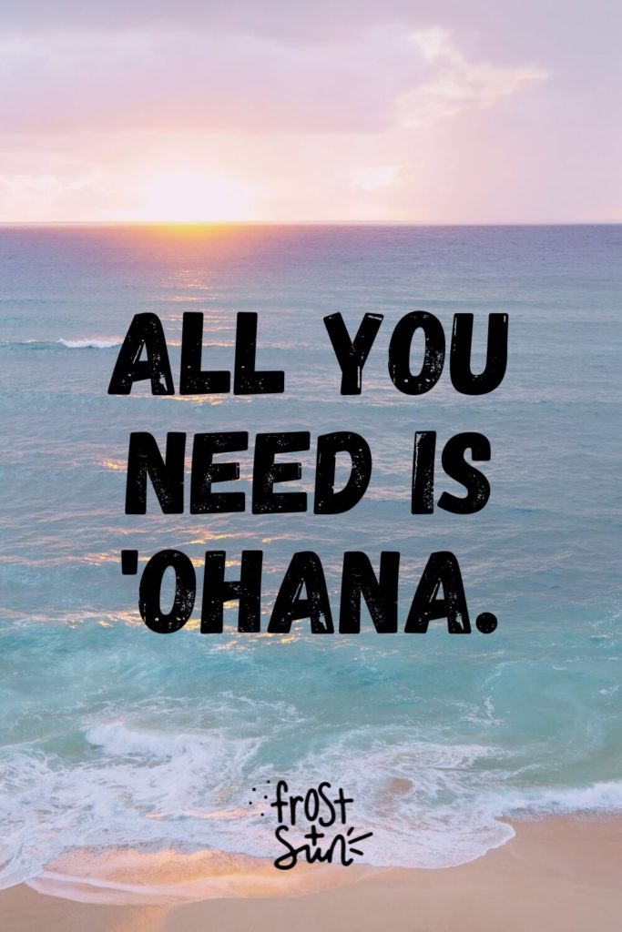 Photo of a beach at sunset with pastel skies. Text overlay reads "All you need is 'ohana."