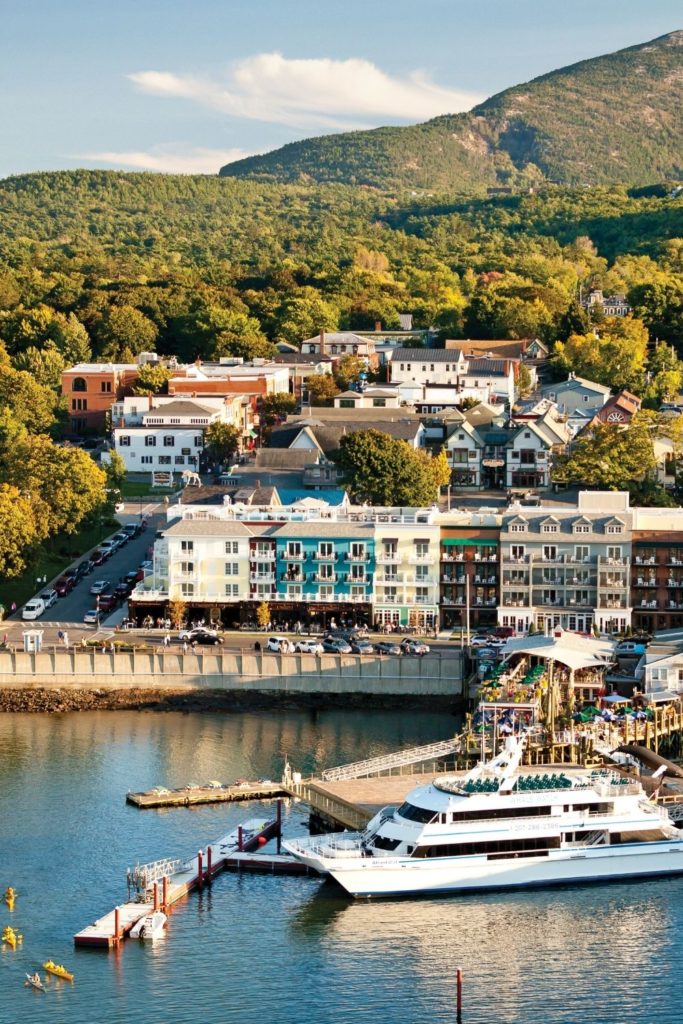 Aerial photo of downtown Bar Harbor, Maine, including the marina.