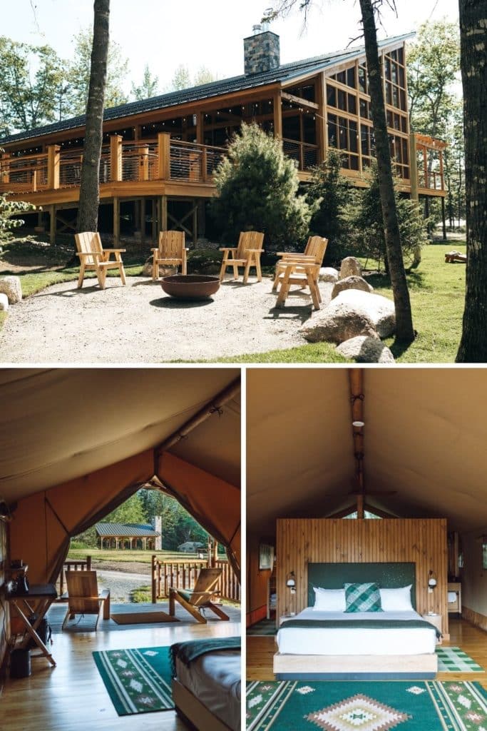 Graphic with horizontal photo of a large cabin with a firepit circle with 2 vertical photos below: (L) photo looking outside from within a glamping tent and (R) photo of the interior of a glamping tent at Terramor in Bar Harbor, Maine.