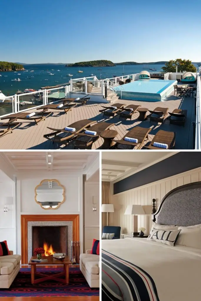 Graphic with a horizontal photo of a roof deck plunge pool overlooking Frenchman Bay in Bar Harbor with 2 vertical photos below it: (L) snapshot of a cozy nook in the West Street Hotel lobby with the fireplace lit up and (R) closeup of a nautical themed guest room.