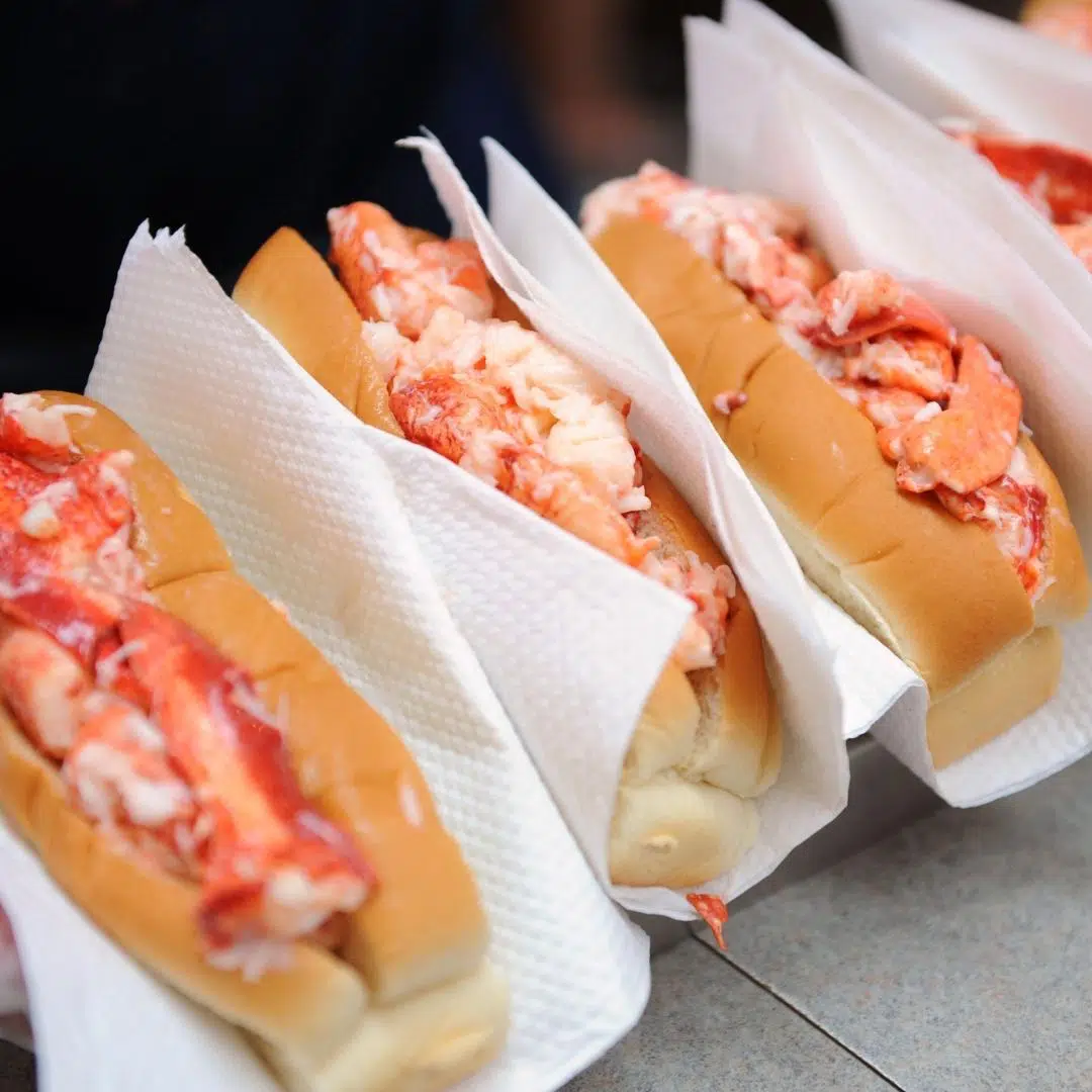 Closeup of a line of prepared lobster rolls.