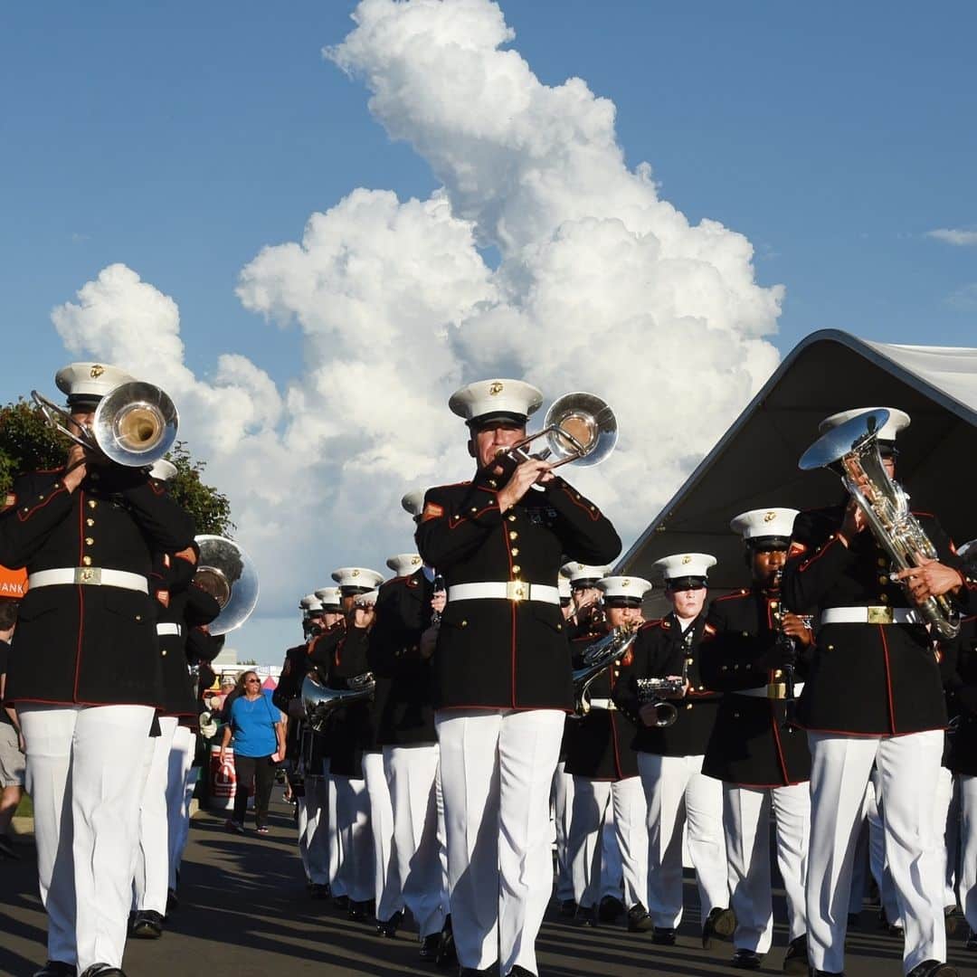 Photo of the US Marine Marching Band performing in the Big E grand parade.