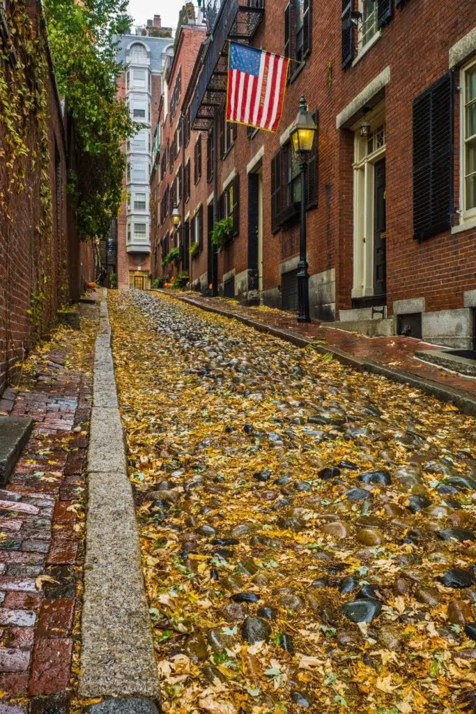 Closeup of the cobblestone Acorn St. in Boston with yellow leaves on the ground.