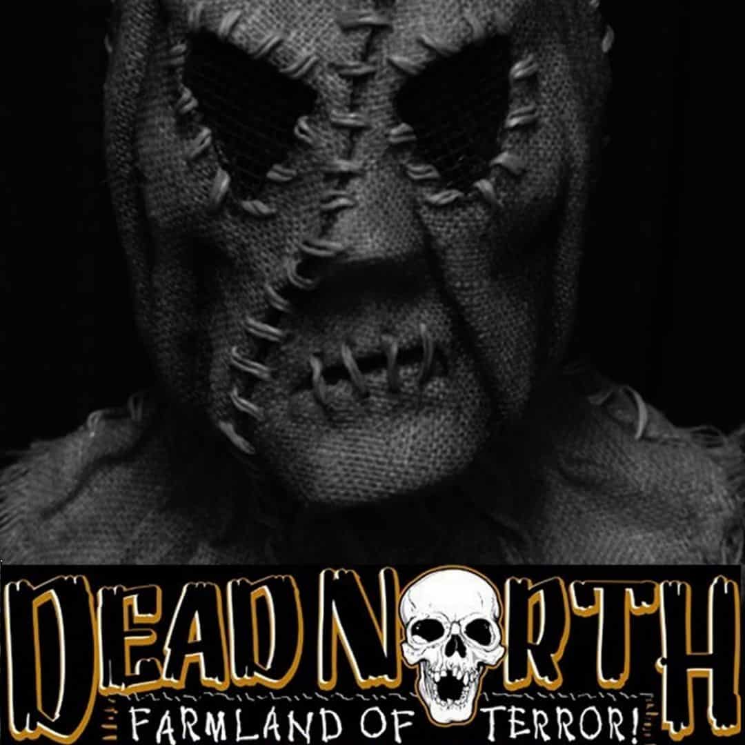 Photo of a person wearing a stitched mask made of burlap. A graphic at the bottom reads: Dead North - Farmland of Terror!