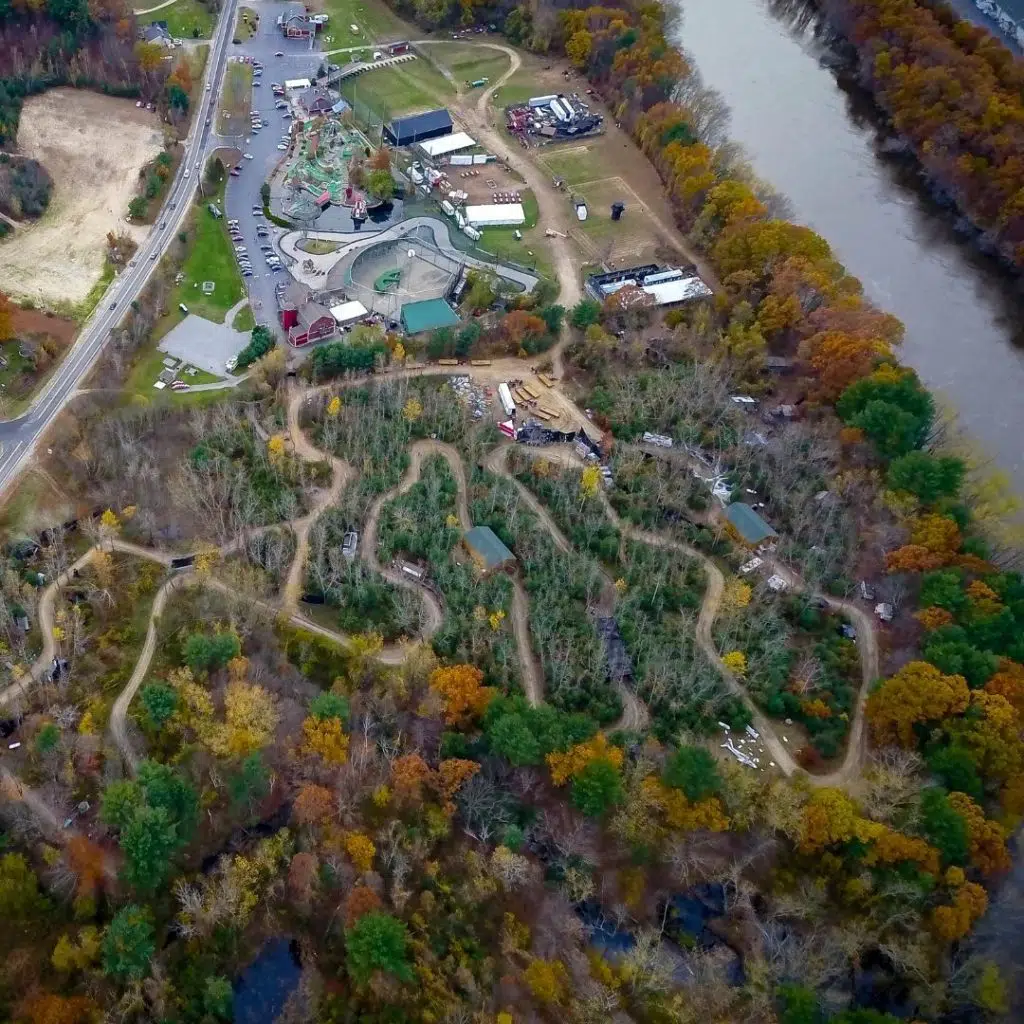 Aerial view of the Nightmare New England haunted hayride in New Hampshire.