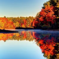 Photo of Fall foliage reflecting on a lake in New Hampshire.