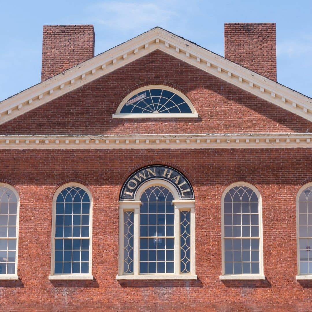 Closeup of the town hall building in Salem, MA.