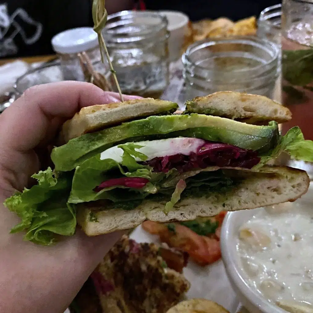Closeup of the vegetarian sandwich called The Emmy from the Side Street Cafe in Bar Harbor, ME.