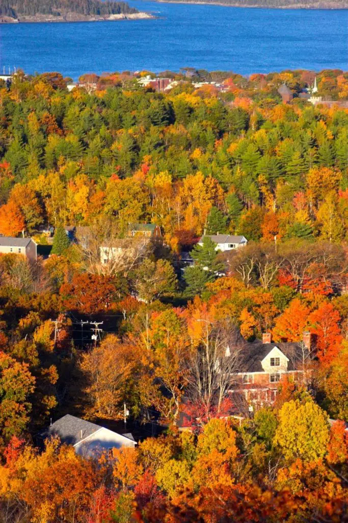 Aerial photo of Bar Harbor, Maine in the Fall.