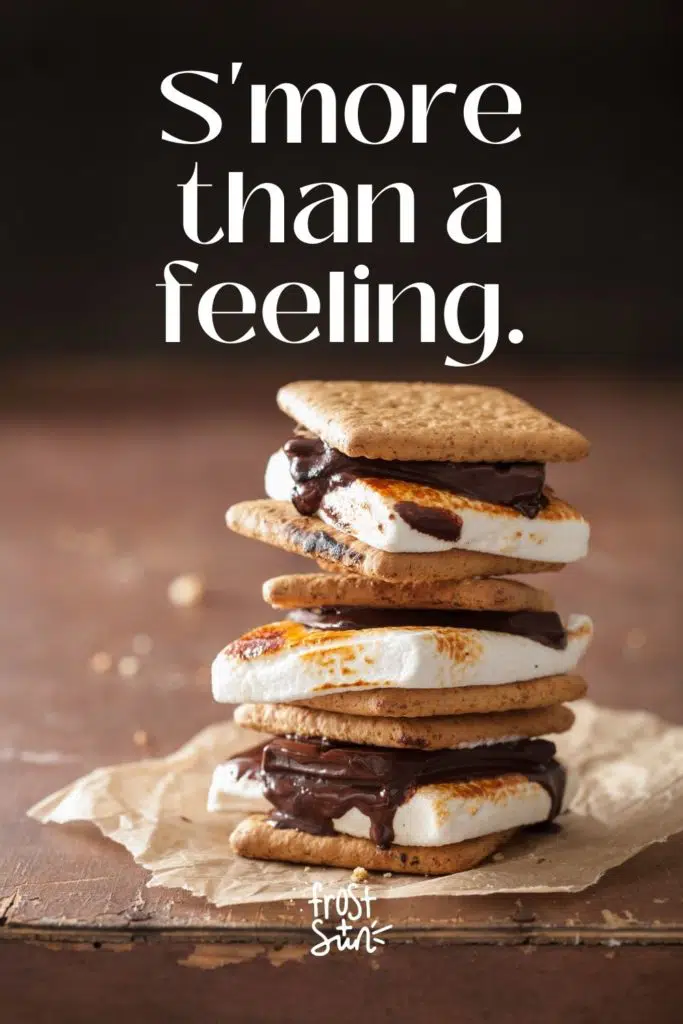 Closeup of a stack of s'mores. Text above the photo reads "S'more than a feeling."