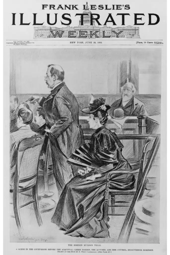 Graphic of a vintage newspaper front page showing a drawing from the Lizzie Borden murder trial..