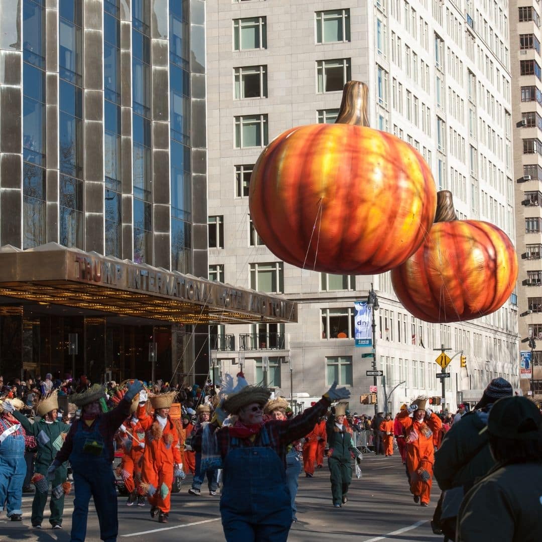 Photo of pumpkin floats in the Macy's Thanksgiving Day Parade.
