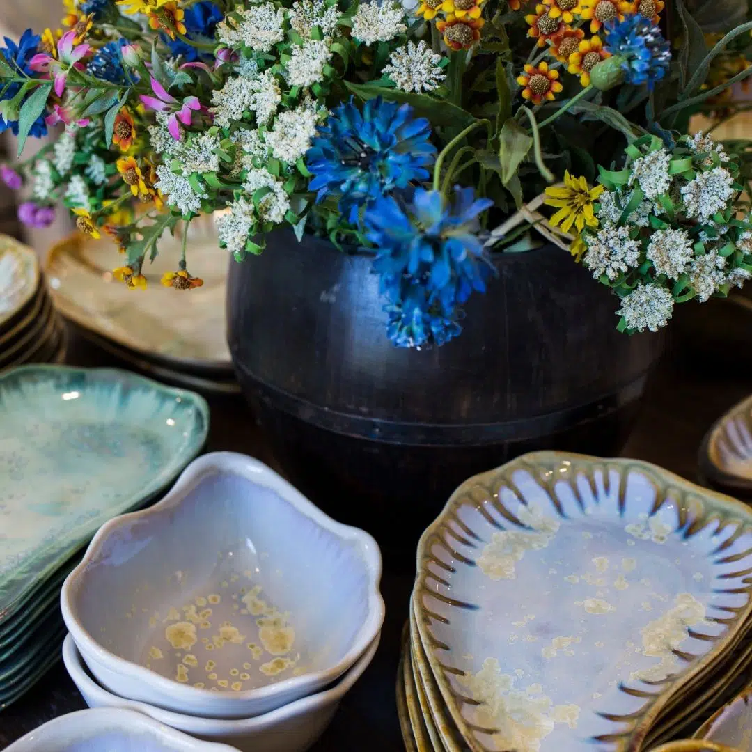 Closeup of handmade glazed pottery from a Maine artisan.