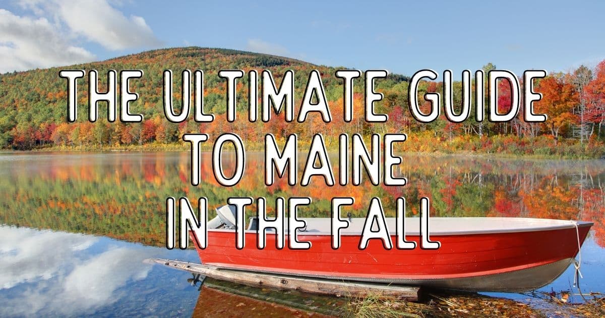 Closeup of a red boat in a lake with Fall foliage in the background. Text overlay reads 