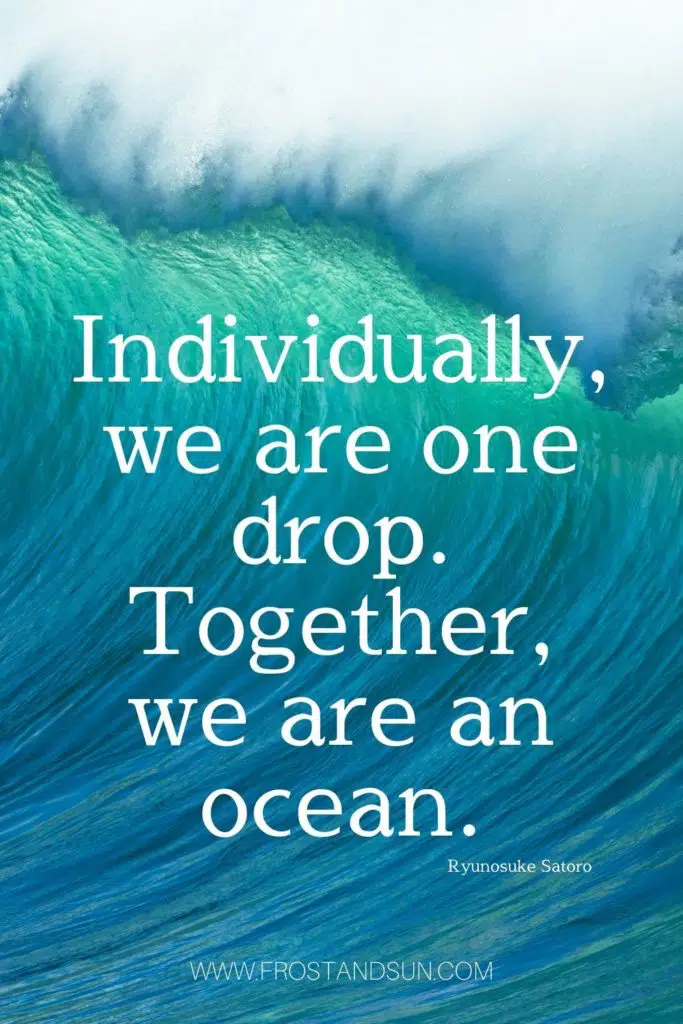 Closeup of a giant wave in the ocean. Text overlay reads "Individually, we are one drop. Together we are an ocean. Ryunosuke Satoro"