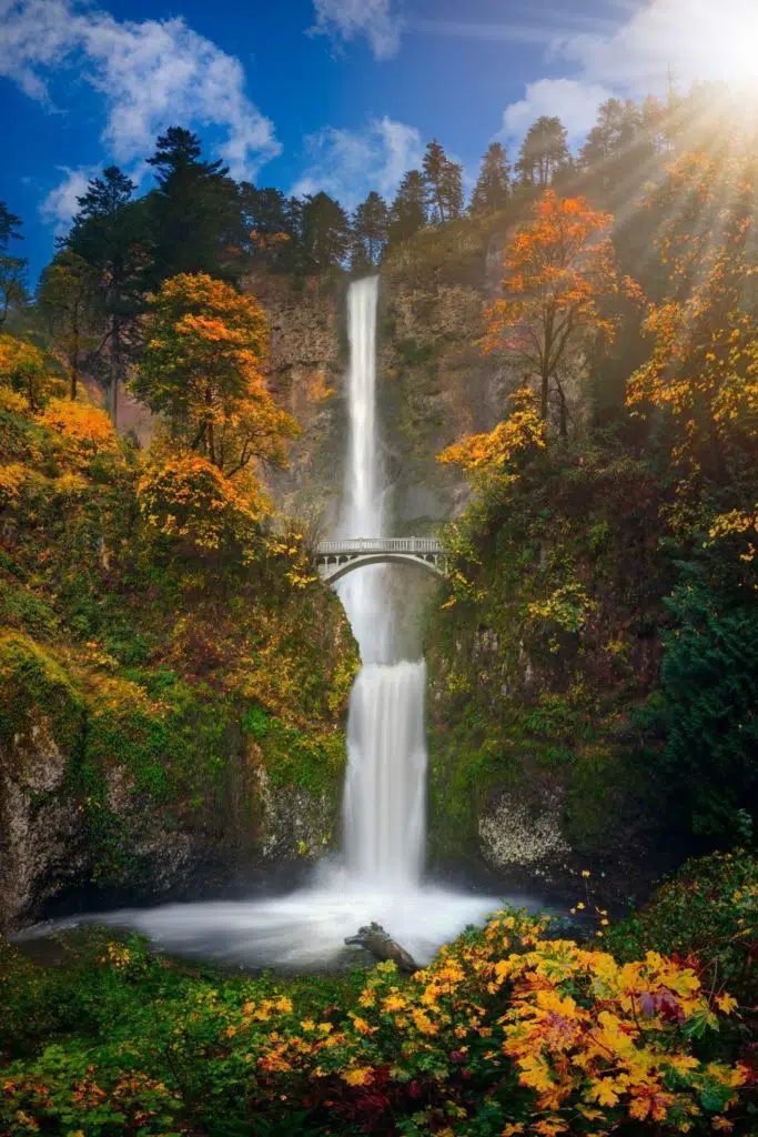 Photo of Multnomah Falls from the bottom of the waterfall with Fall foliage surrounding the entire area.