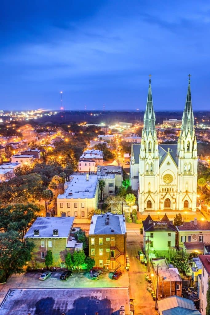 Aerial photo of Savannah, GA at night.