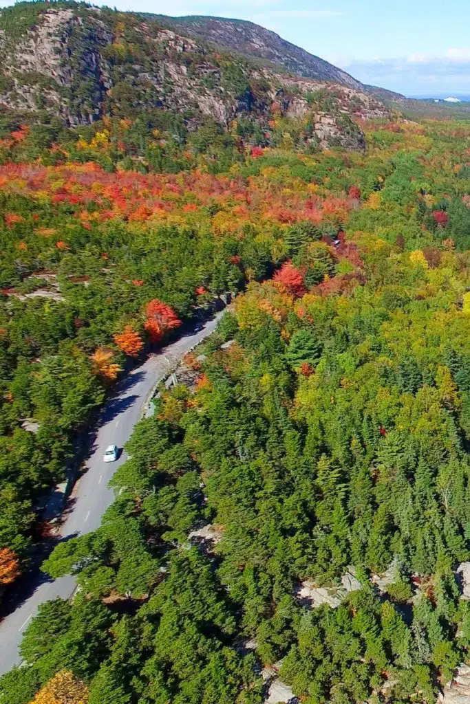 Aerial view of Park Loop Road in Acadia National Park in Maine in the Fall.