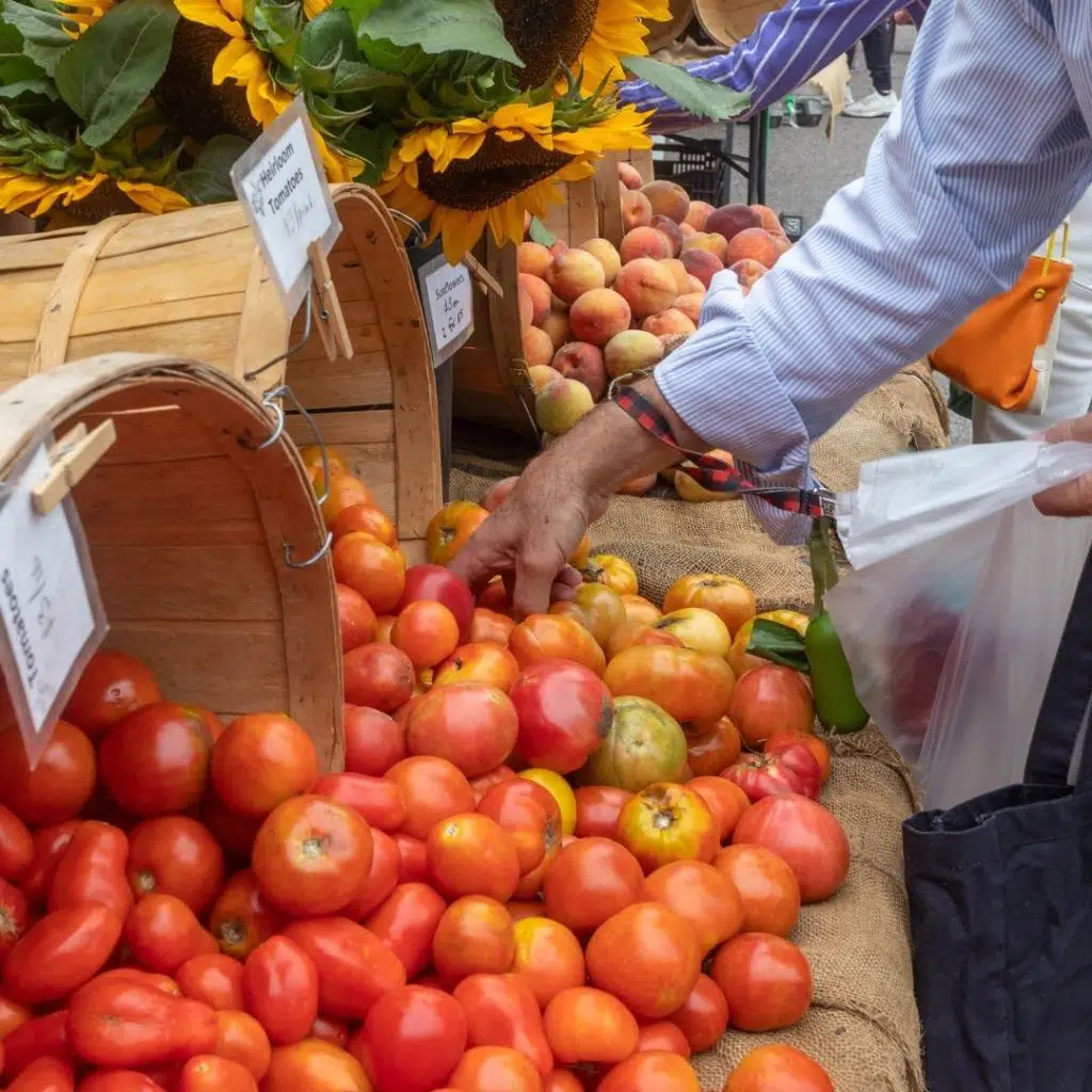 Closeup of a table with fresh produce, like tomatoes, peaches, and sunflowers, spilling out of wooden buckets.