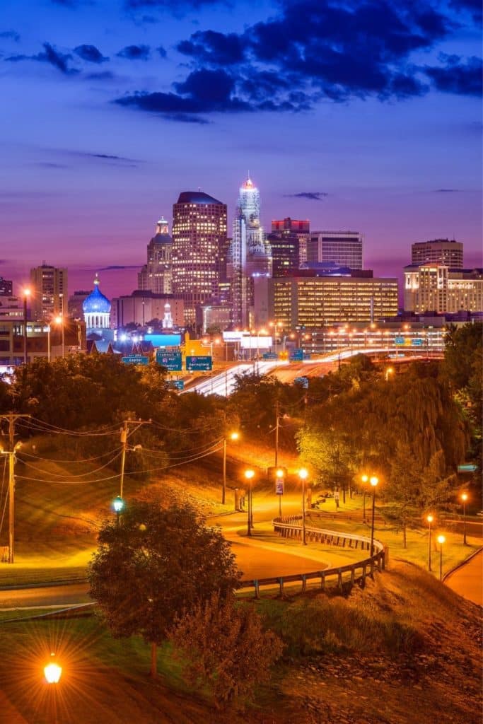 Photo of the Hartford, CT skyline at night.