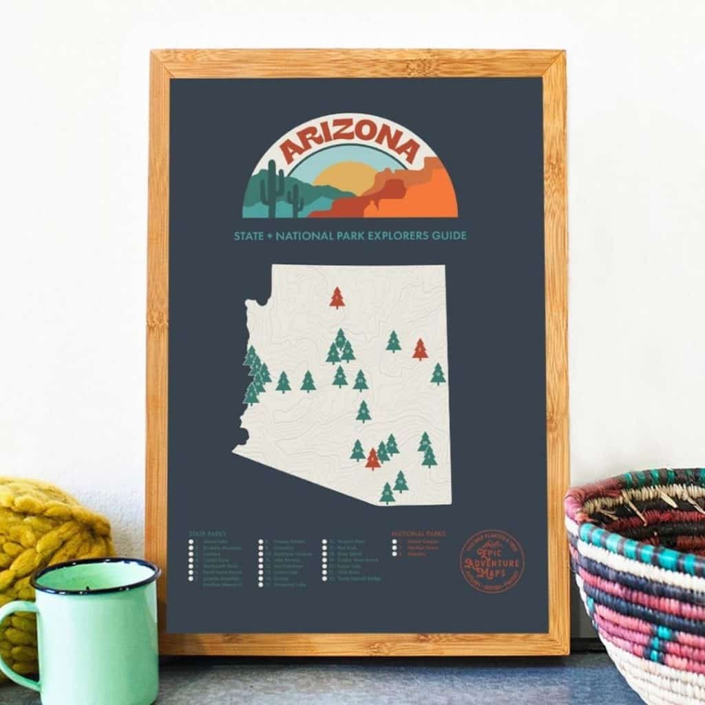 Closeup of a scratch off map featuring parks in Arizona.