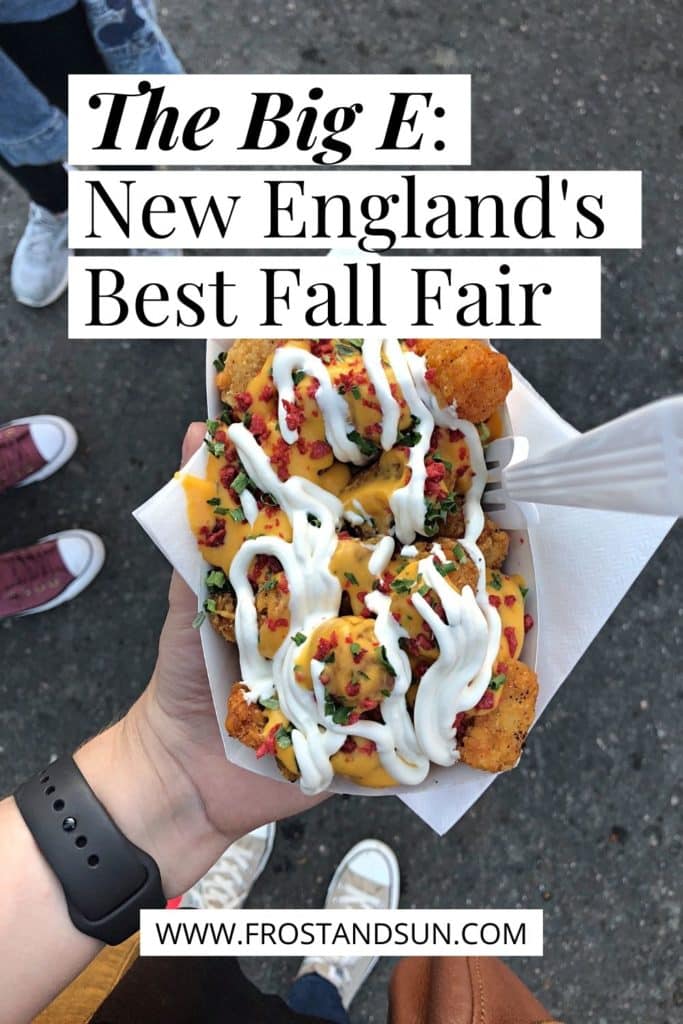 Top-down photo of a person holding a small food basket of loaded tots with sour cream, cheese sauce, chives, and bacon bits. Text at the top reads "The Big E: New England's Best Fall Fair."