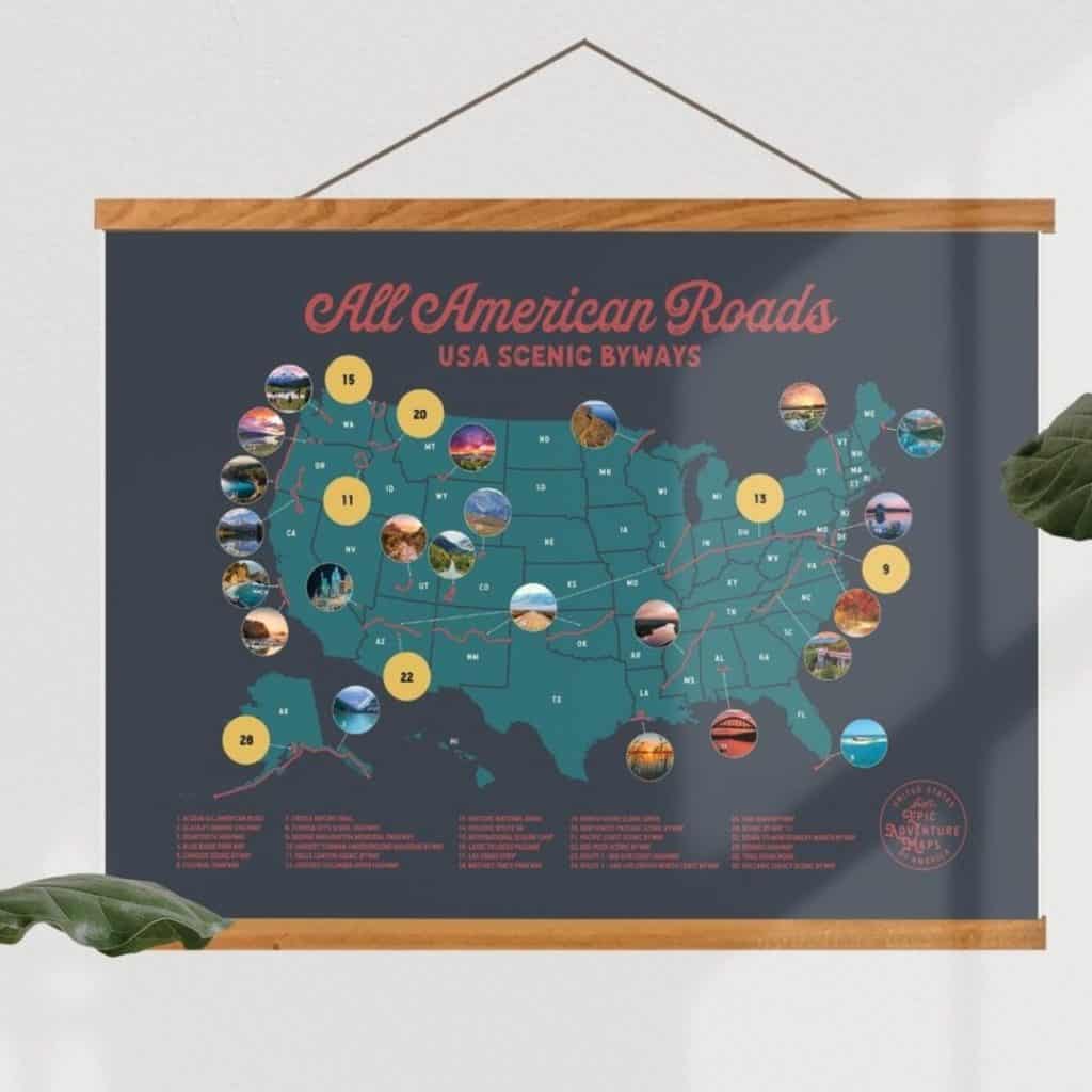 Closeup of a scratch off map featuring USA scenic byways.