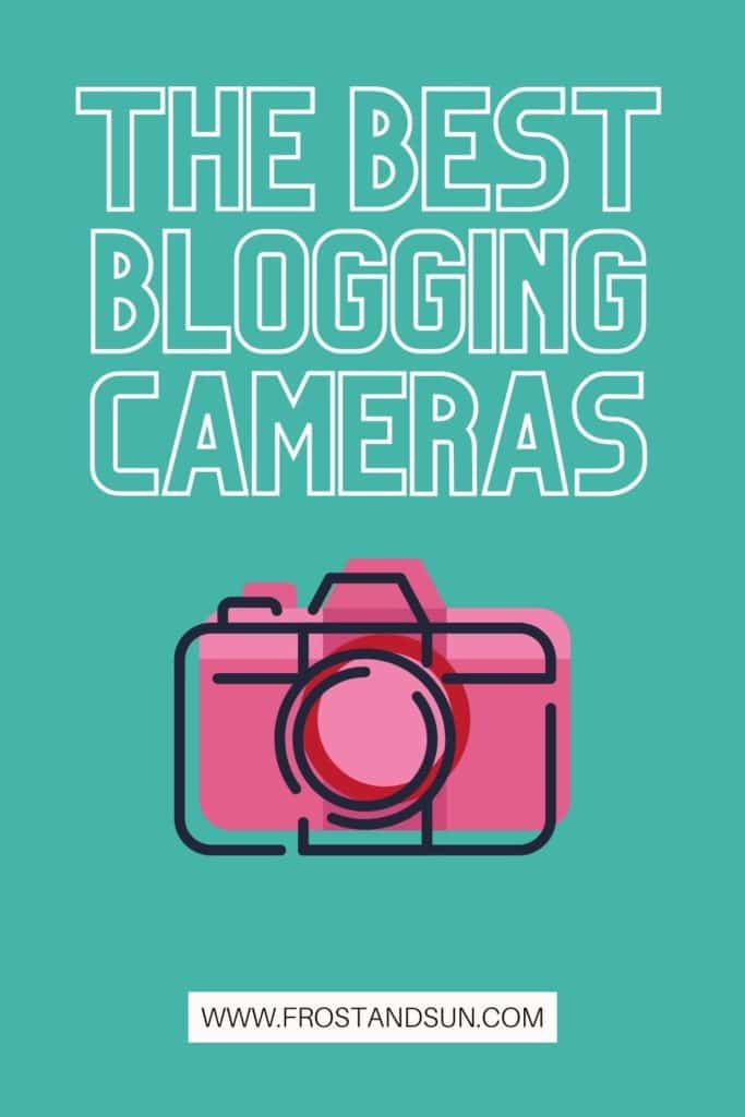 Aqua background with a pink camera graphic. Above the graphic reads: The Best Blogging Cameras.