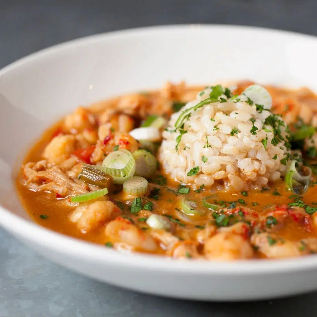 Closeup of a bowl of crawfish étouffée stew.