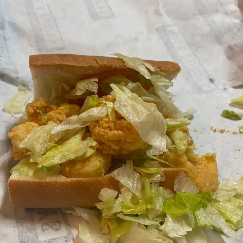 Closeup of a fried shrimp po boy, yankee style.