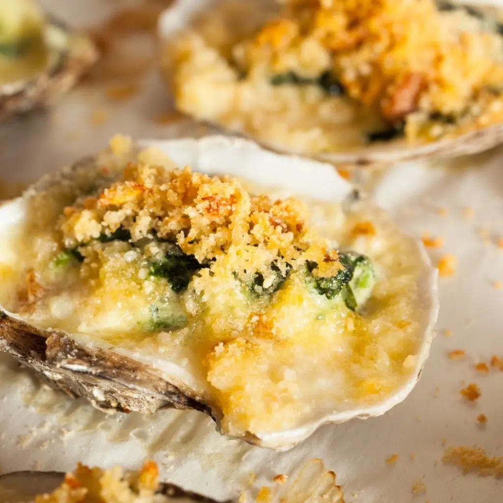Closeup of oysters rockefeller.