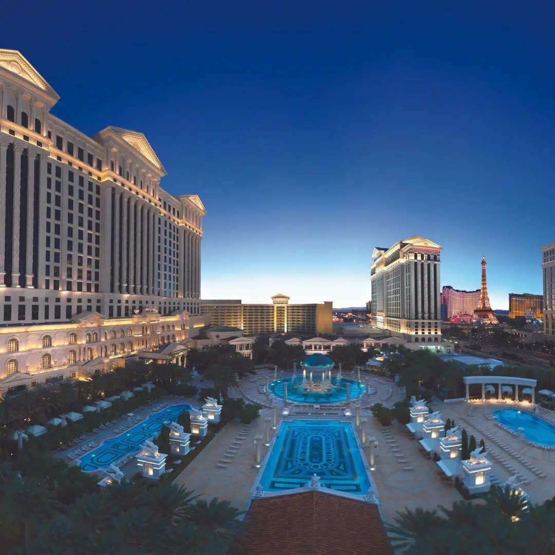 Aerial view of the Garden of the Gods pool complex at Caesars Palace resort.