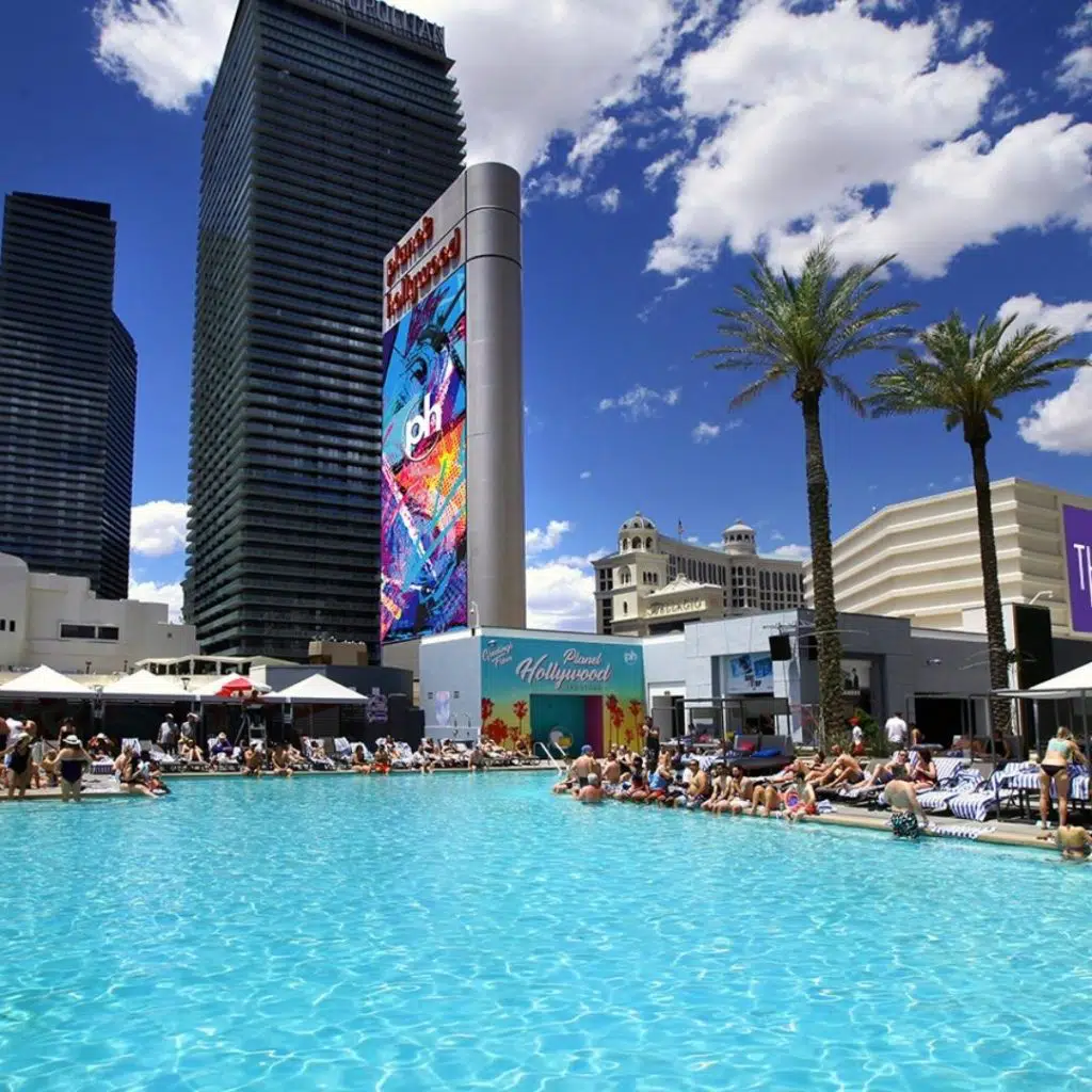 Photo of a large pool on the rooftop of Planet Hollywood in Las Vegas.