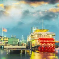 Photo of a ferry boat at dock in New Orleans.