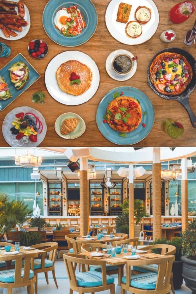 Collage of 2 photos. Top photo is a flat lay of brunch dishes from Salt & Ivy in Vegas. Bottom photo shows the outdoor patio at the same restaurant.