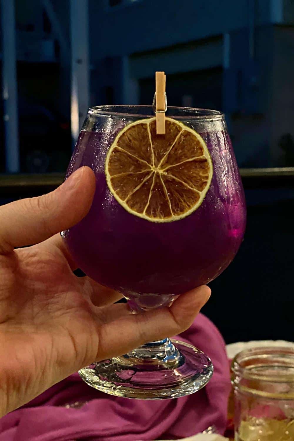 Photo of the Allison Wonderland gin cocktail from Side Street Cafe in Bar Harbor, Maine.