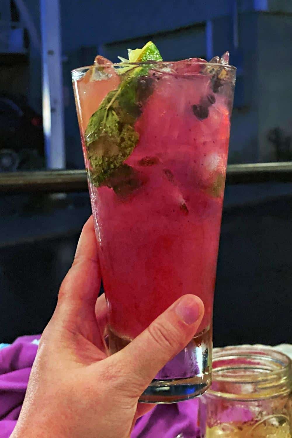 Photo of a blueberry mojito in a tall glass.