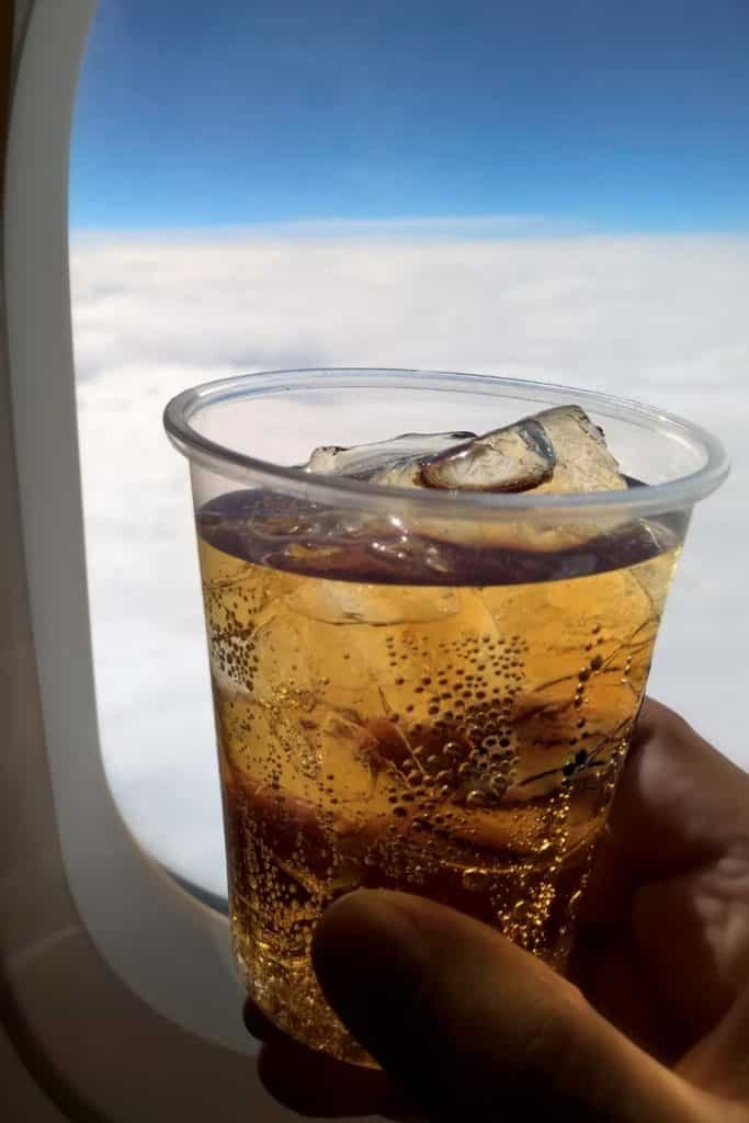 Closeup of a cup of soda in front of a plane window.