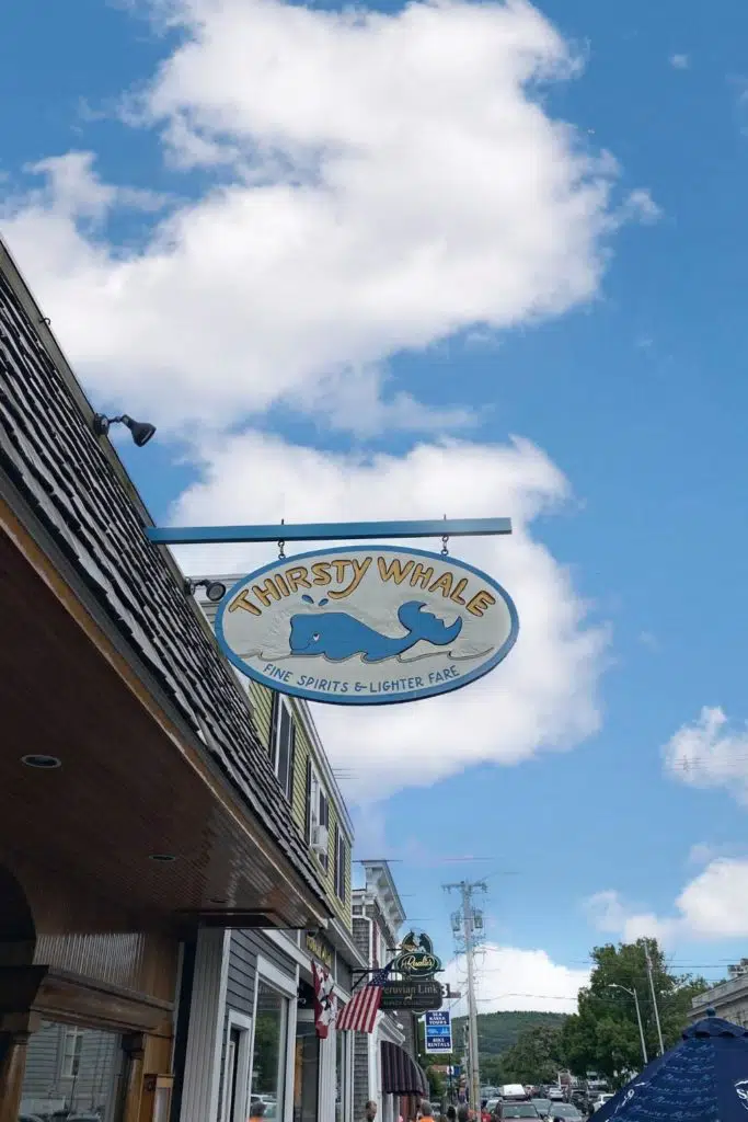 Photo of the signage for Thirsty Whale Tavern in Bar Harbor, Maine.