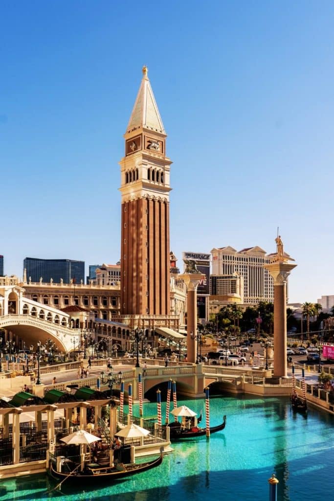 Photo of the exterior of the Venetian all-suite hotel in Las Vegas, complete with a faux canal and gondolas.