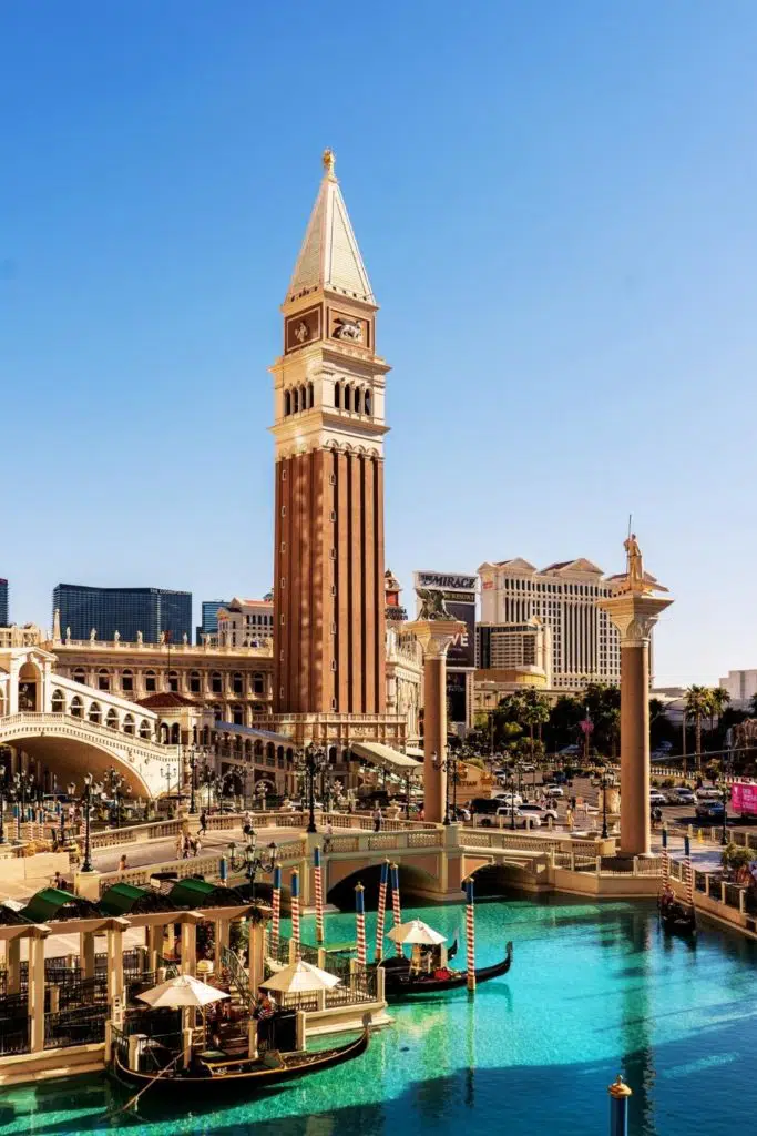 Photo of the exterior of the Venetian all-suite hotel in Las Vegas, complete with a faux canal and gondolas.