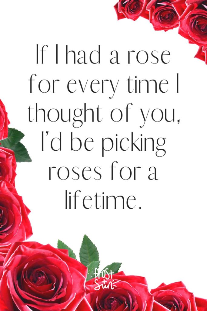 Closeup of red roses in the opposite corners. In the middle, text reads "If I had a rose for every time I thought of you, I'd be picking roses for a lifetime."