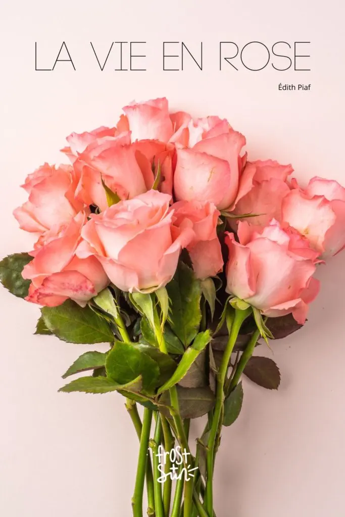 Photo of a bunch of pink roses. Text above it reads "La vie en rose."