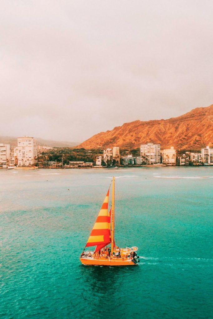 Photo of Na Hoku II cocktail sunset cruise with Waikiki in the background.