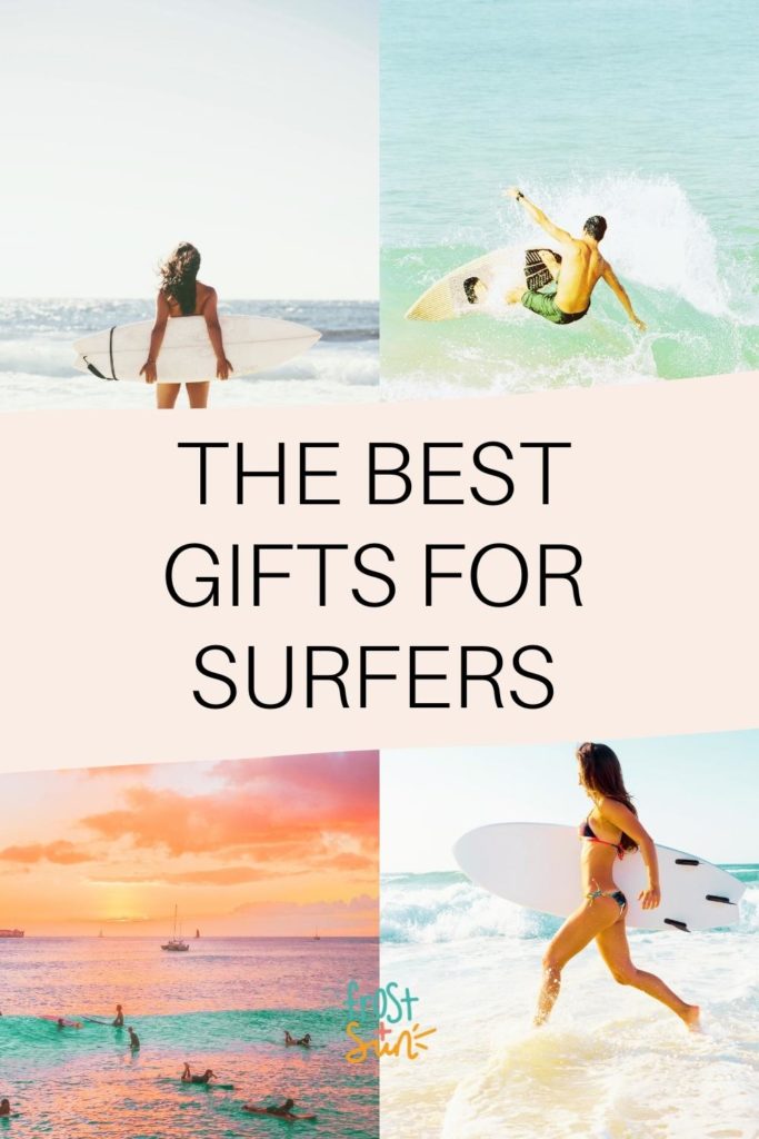 Grid with 4 photos of surfers. Text in the middle reads "The Best Gifts for Surfers."