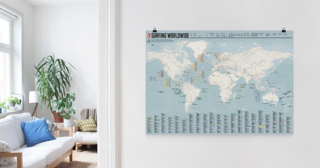 Photo of a map with surfing locations and surf reports highlighted.