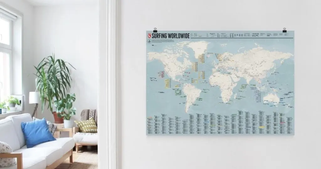 Photo of a map with surfing locations and surf reports highlighted.