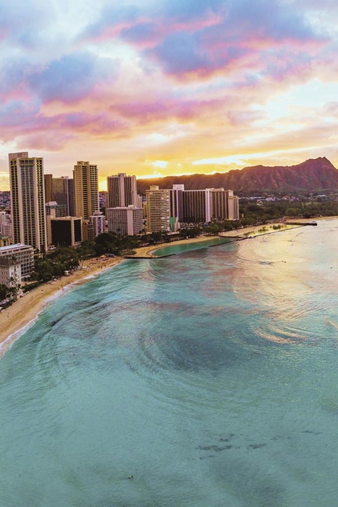 Aerial photo of Waikiki and Diamond Head during sunset.