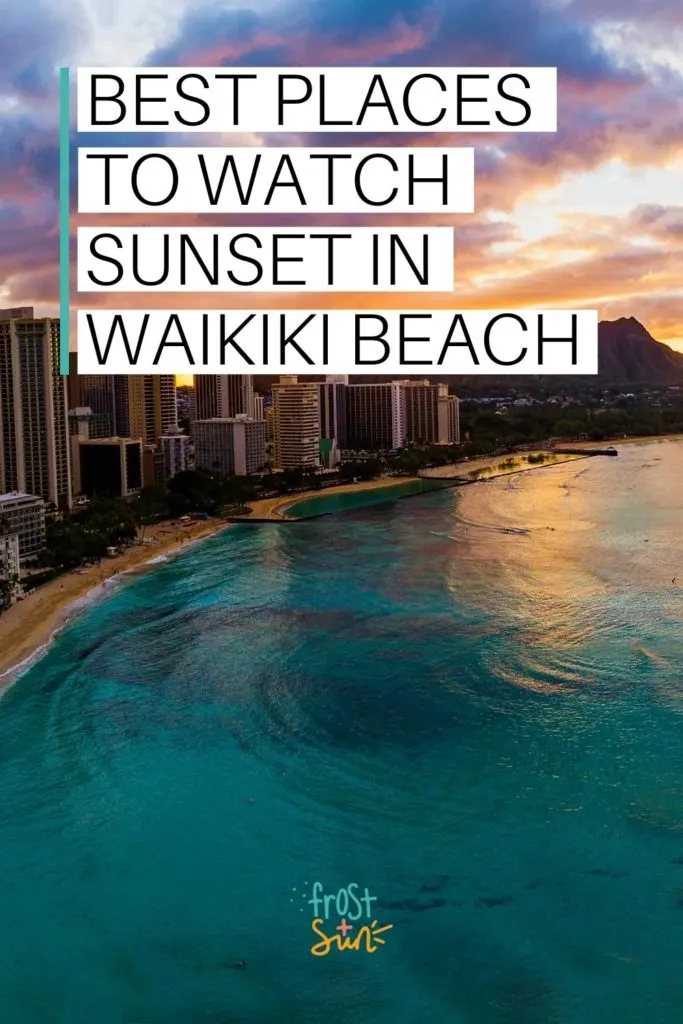 Aerial photo of Waikiki Beach during sunset. Text overlay reads "Best Places to Watch Sunset in Waikiki Beach."