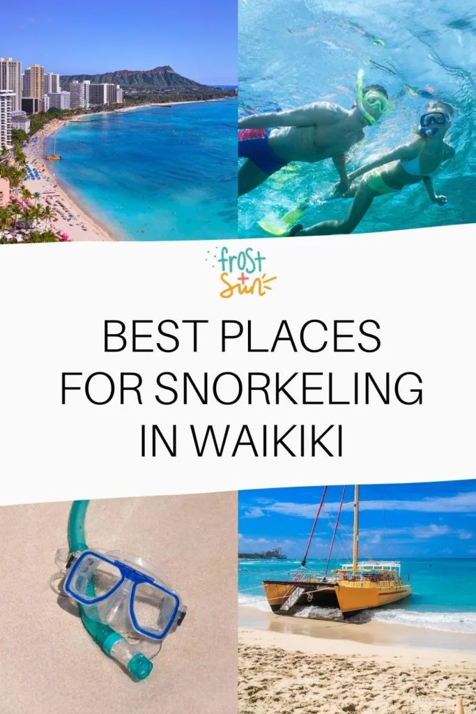 Grid with 4 photos showing Waikiki, snorkelers, and snorkeling gear. Text in the middle reads "Best Places for Snorkeling in Waikiki."
